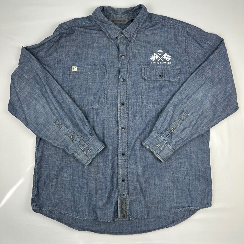 Harley-Davidson‎ Mens 2XL Blue Chambray Snap Front Long Sleeve Work Shirt Logo